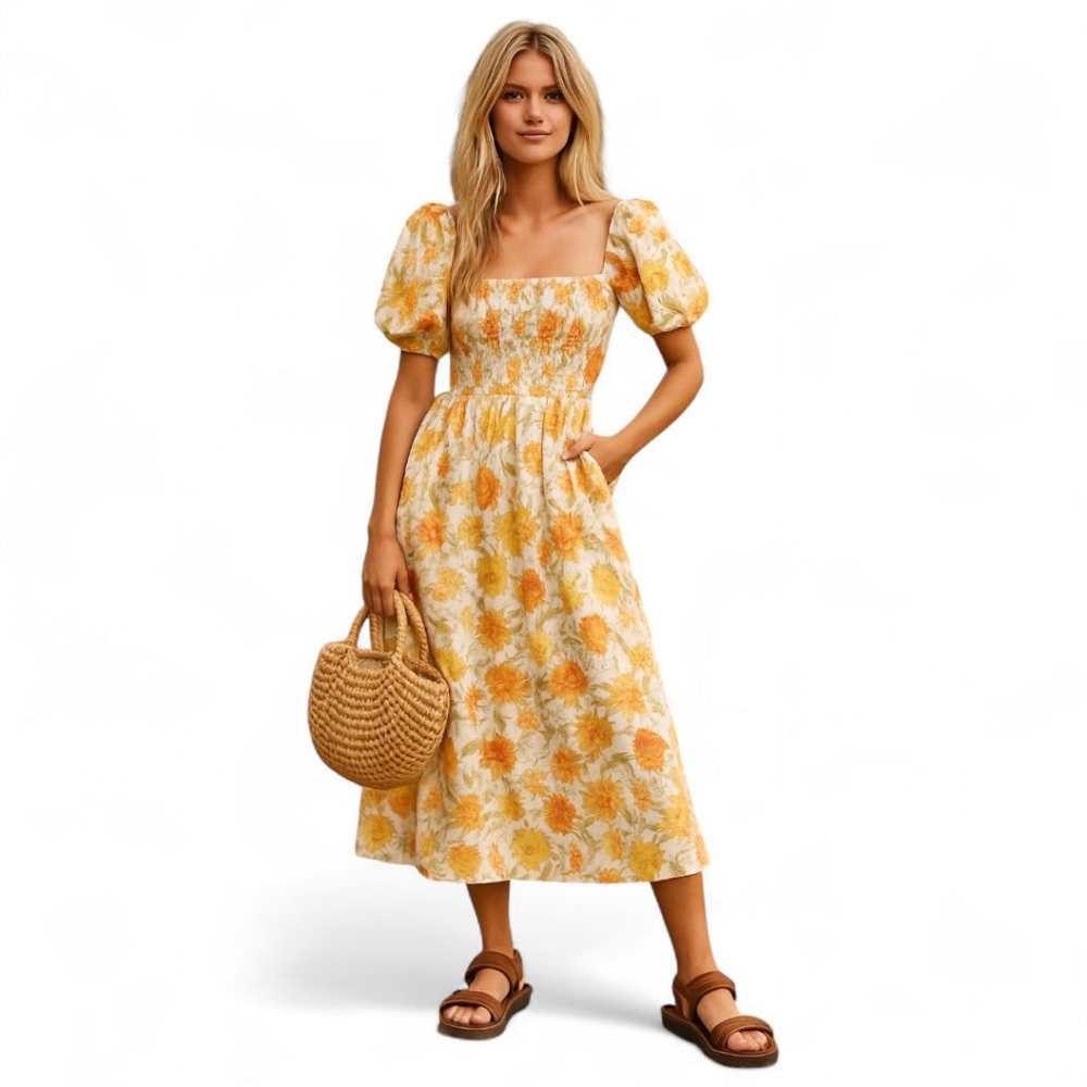 FTB Cutout Puffed Sleeve Spring Loucetta Vintage Floral Cutout Midi Dress NWT M